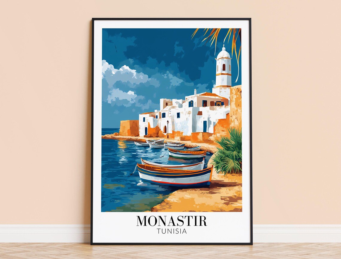 Monastir Tunisia Fishing Harbor Lighthouse Village Travel Poster