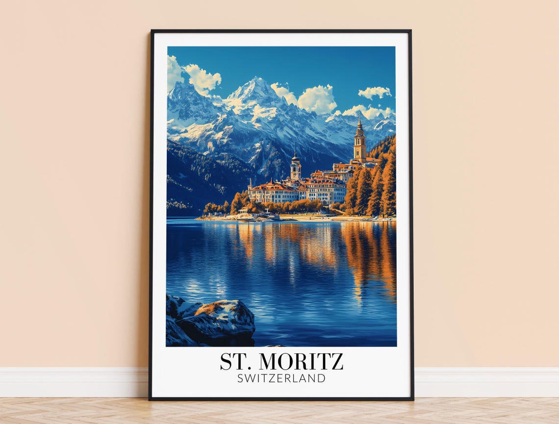 St. Moritz Lakeside Swiss Alpine Resort Town Summer Travel Poster