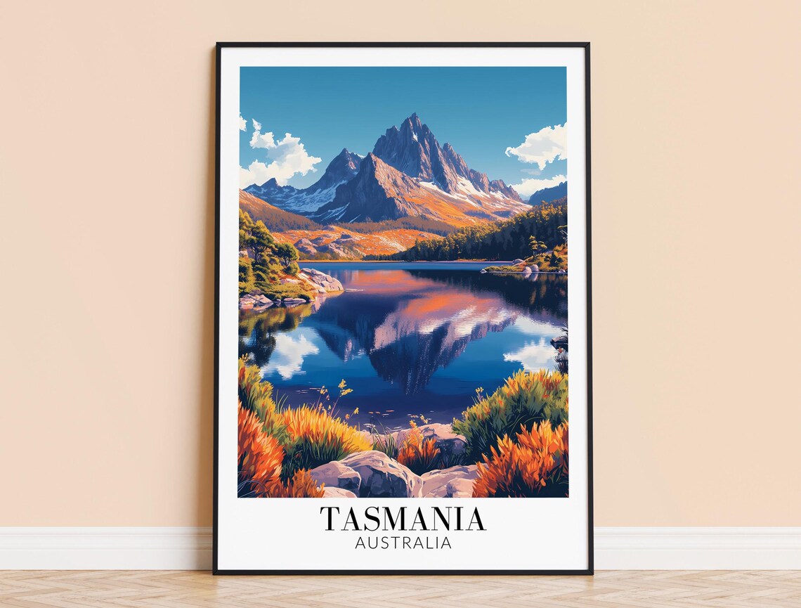 Tasmania Mirror Lake Mountain Peaks Reflection Australia Travel Poster