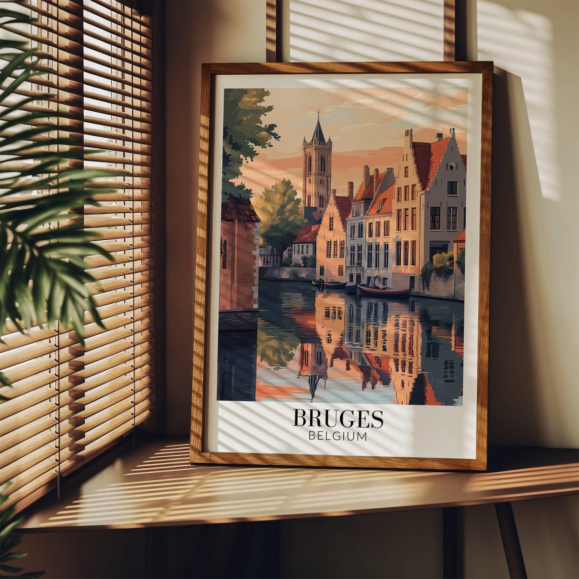 Bruges Belgium Canal at Sunset Reflection Bell Tower Travel Poster - Image 3