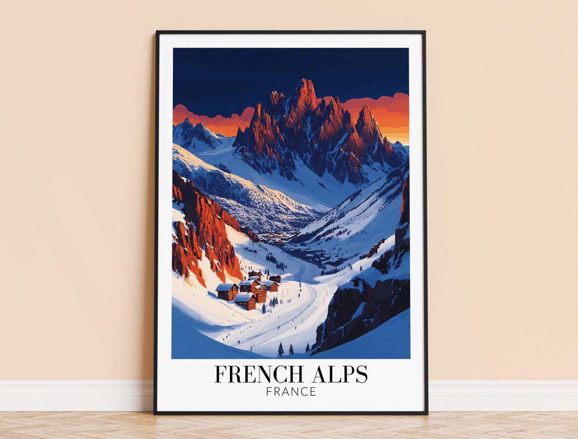 French Alps Sunset Over Jagged Snowy Peaks and Ski Chalets Poster