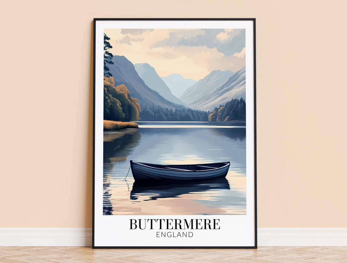 Buttermere England Still Lake Rowboat Misty Mountains Travel Poster