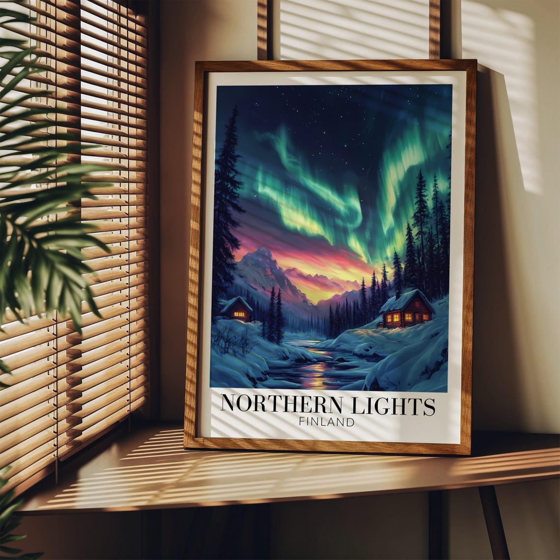 Finland Northern Lights Snowy Cabins Aurora Over Forest Poster - Image 3