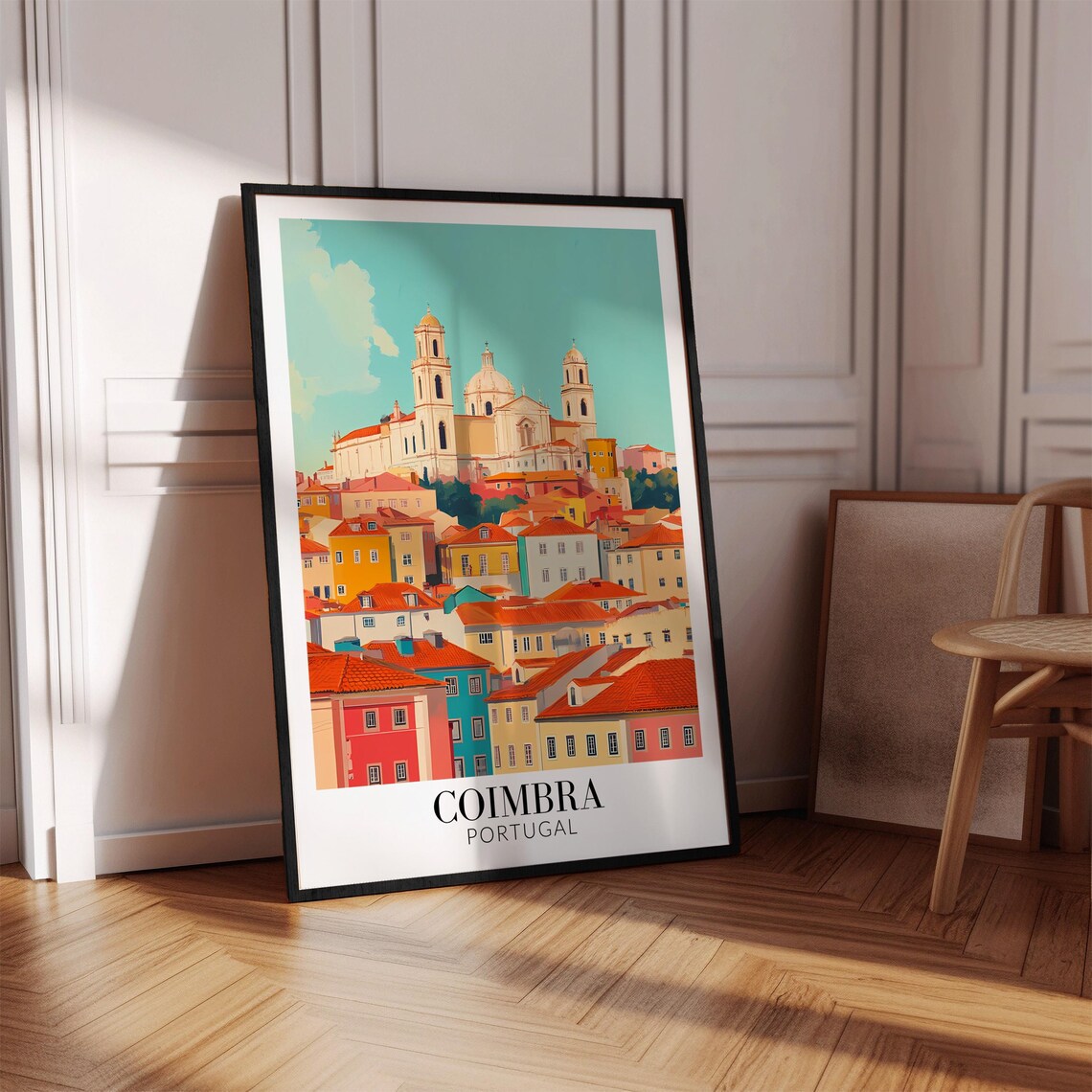 Coimbra Portugal Old Town Hilltop Cathedral Teal Sky Travel Poster - Image 4