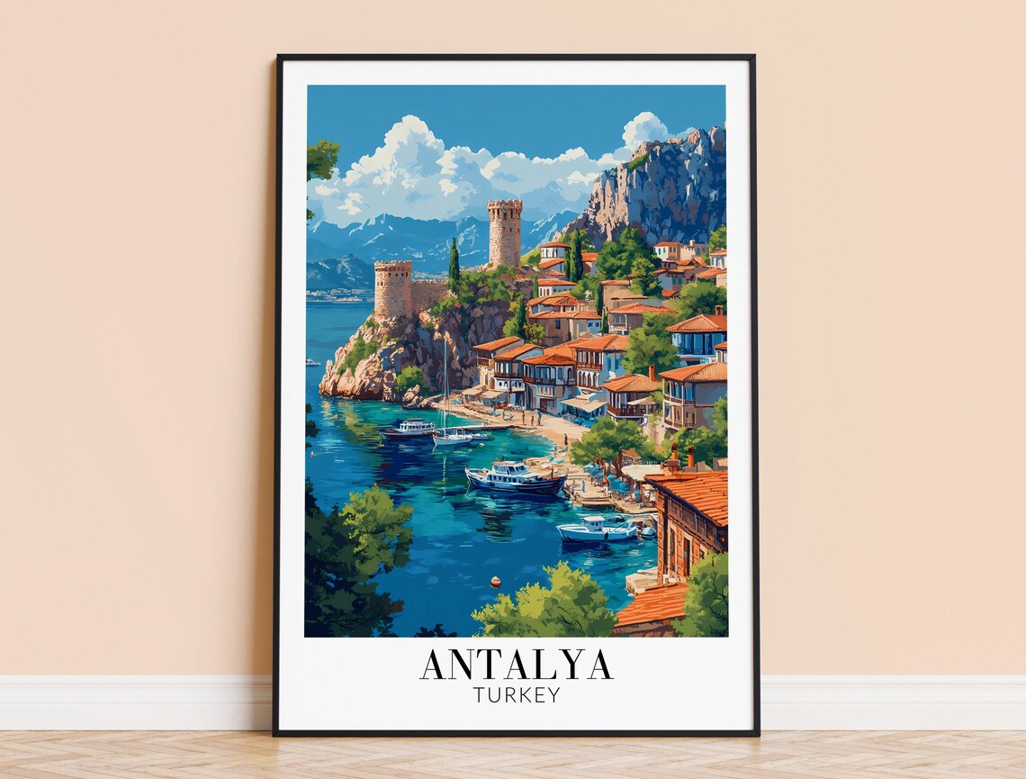 Antalya Turkey Cliffside Old Town Towers Turquoise Bay Travel Poster