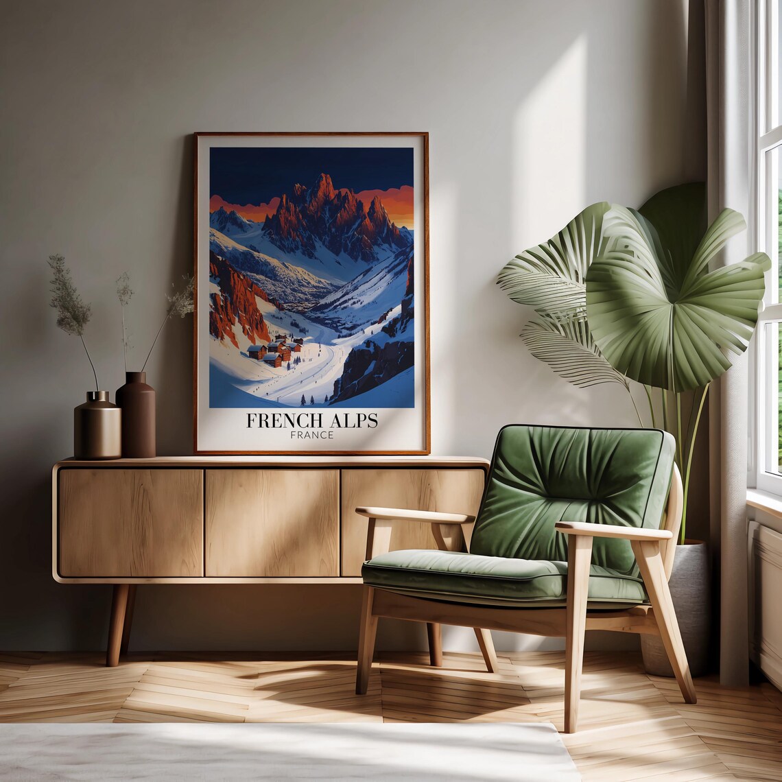 French Alps Sunset Over Jagged Snowy Peaks and Ski Chalets Poster - Image 2