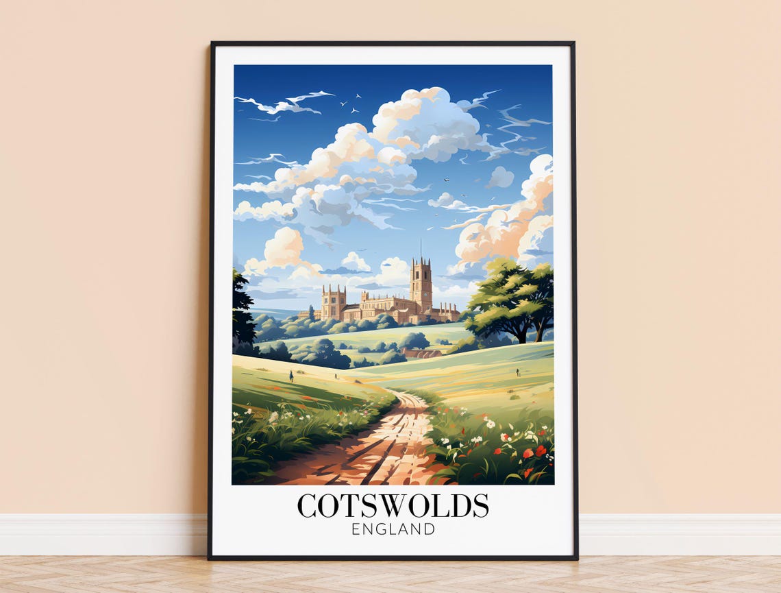 Cotswolds England Rolling Hills Church Path Retro Travel Poster