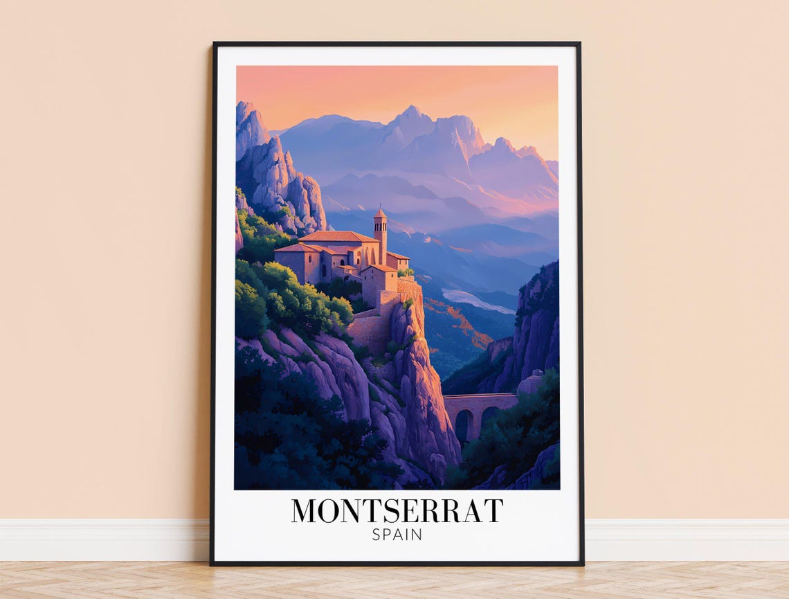 Montserrat Spain Cliffside Monastery Mountain Sunset Travel Poster