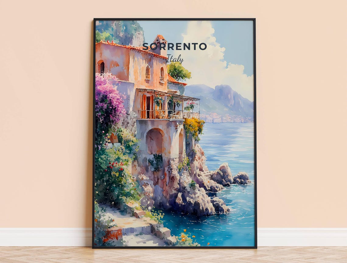 Sorrento Italy Watercolor Cliffside Villa Flowering Vines Art Poster