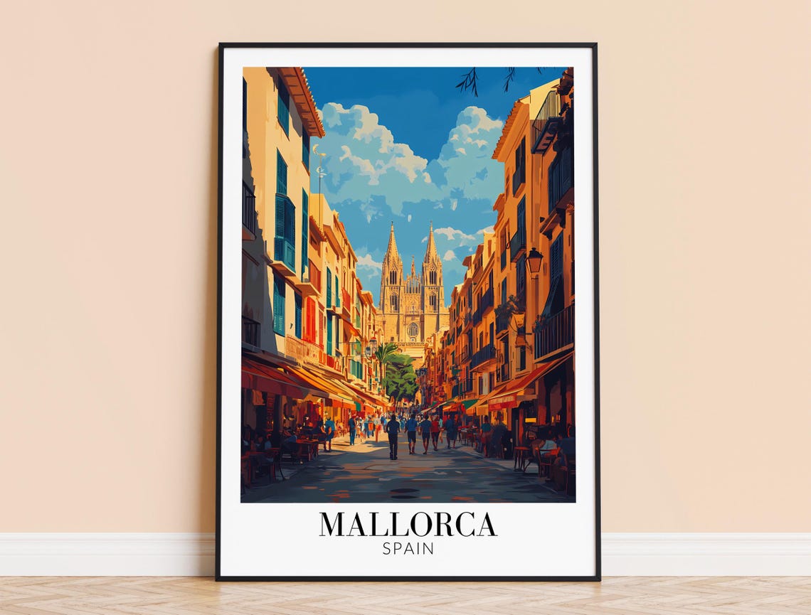 Mallorca Spain Old Town Street Poster With Cathedral View at Sunset