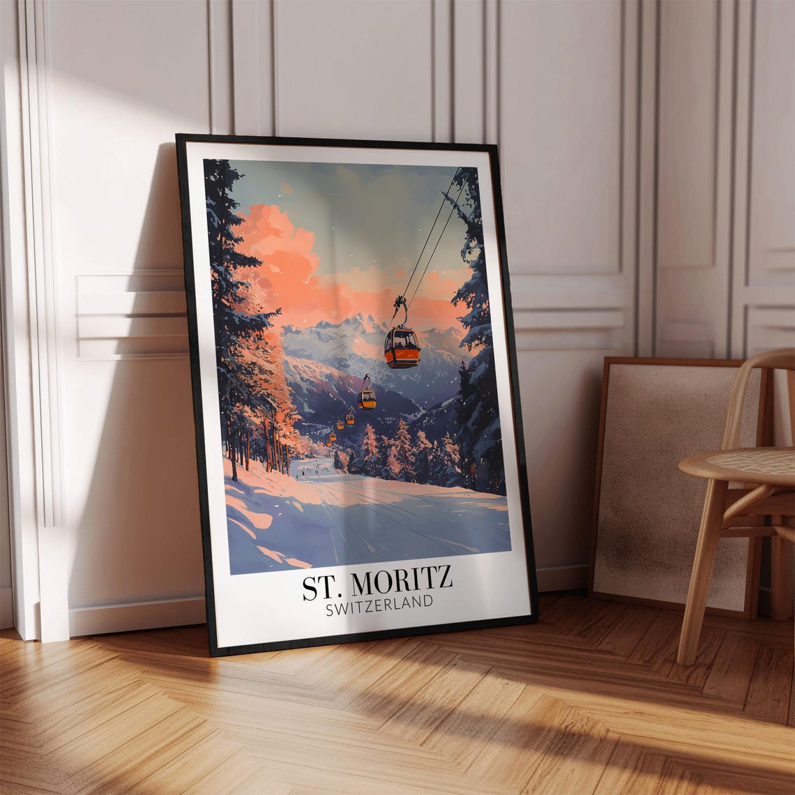 St. Moritz Ski Gondolas Over Snowy Slopes Sunset Travel Poster - Image 4