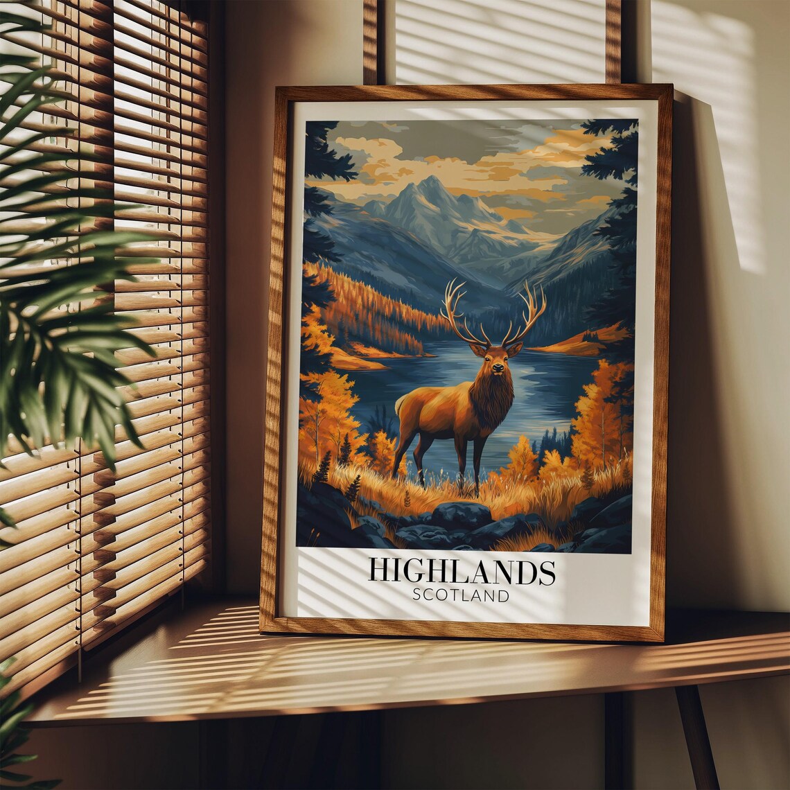 Scottish Highlands Red Deer Autumn Mountain Lake Travel Poster - Image 4