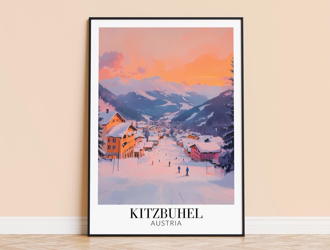 Kitzbuehel Austria Sunset Ski Slopes Above the Village Poster