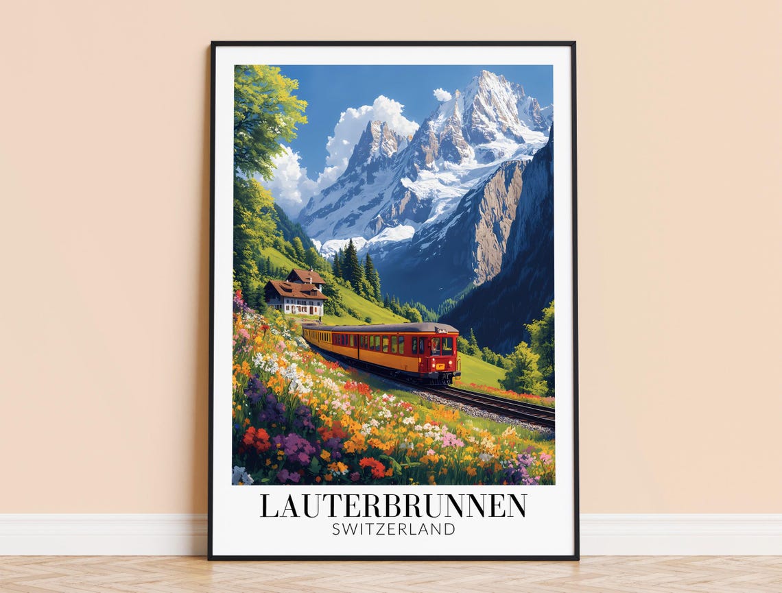 Lauterbrunnen Switzerland Wildflower Meadow Train Travel Poster