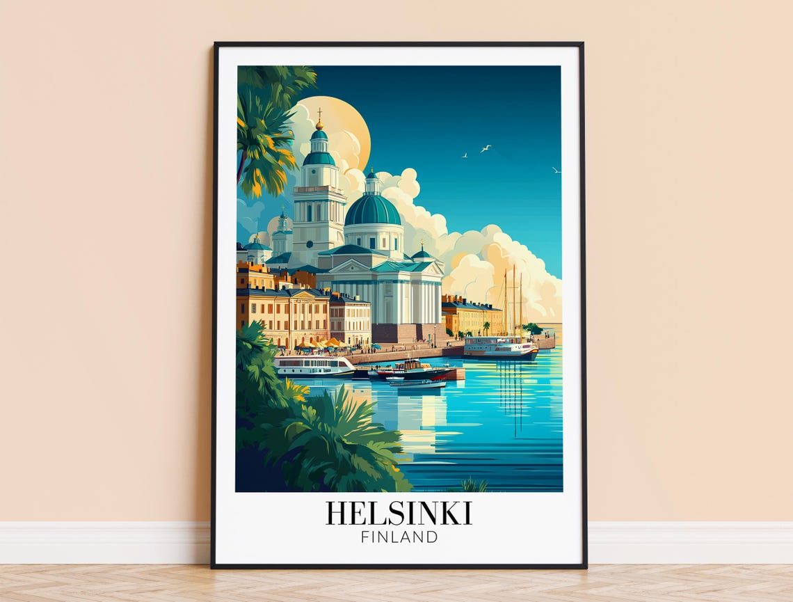 Helsinki Finland Cathedral Harbor Moonlit Night Scene Poster