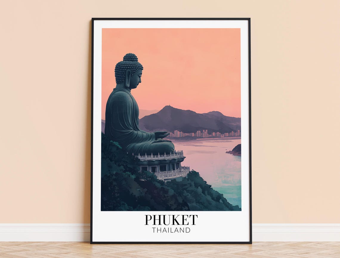 Phuket Big Buddha at Sunset Pink Sky Thailand Serene Travel Poster