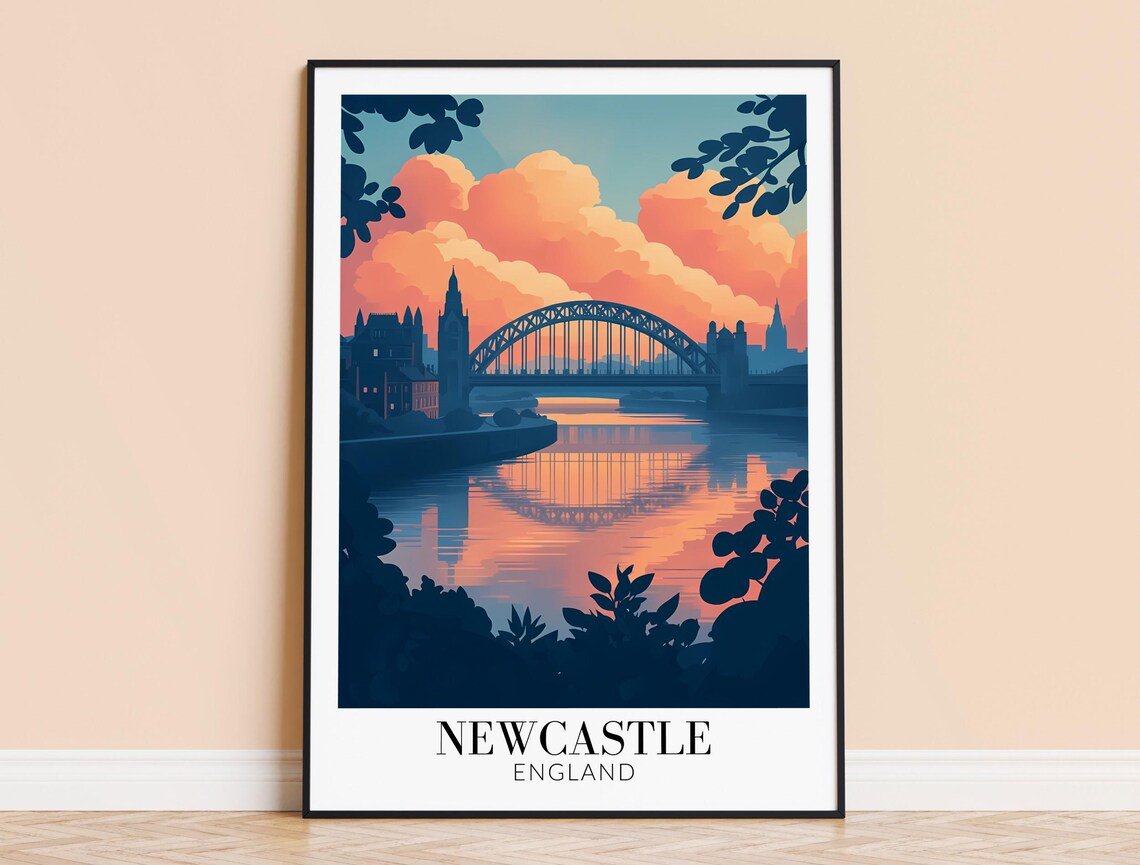 Newcastle England Tyne Bridge Sunset River Reflection Travel Poster
