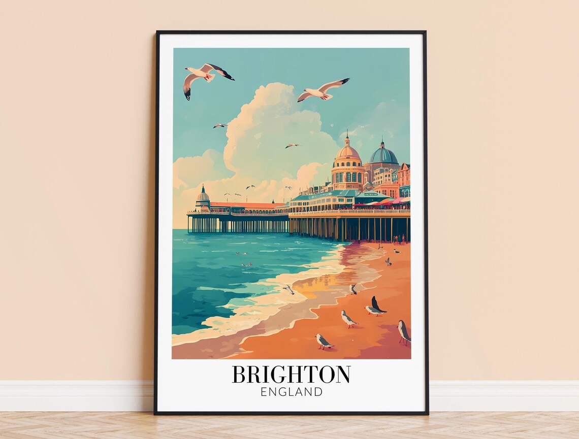 Brighton England Vintage Beach Pier Seagulls Retro Travel Poster