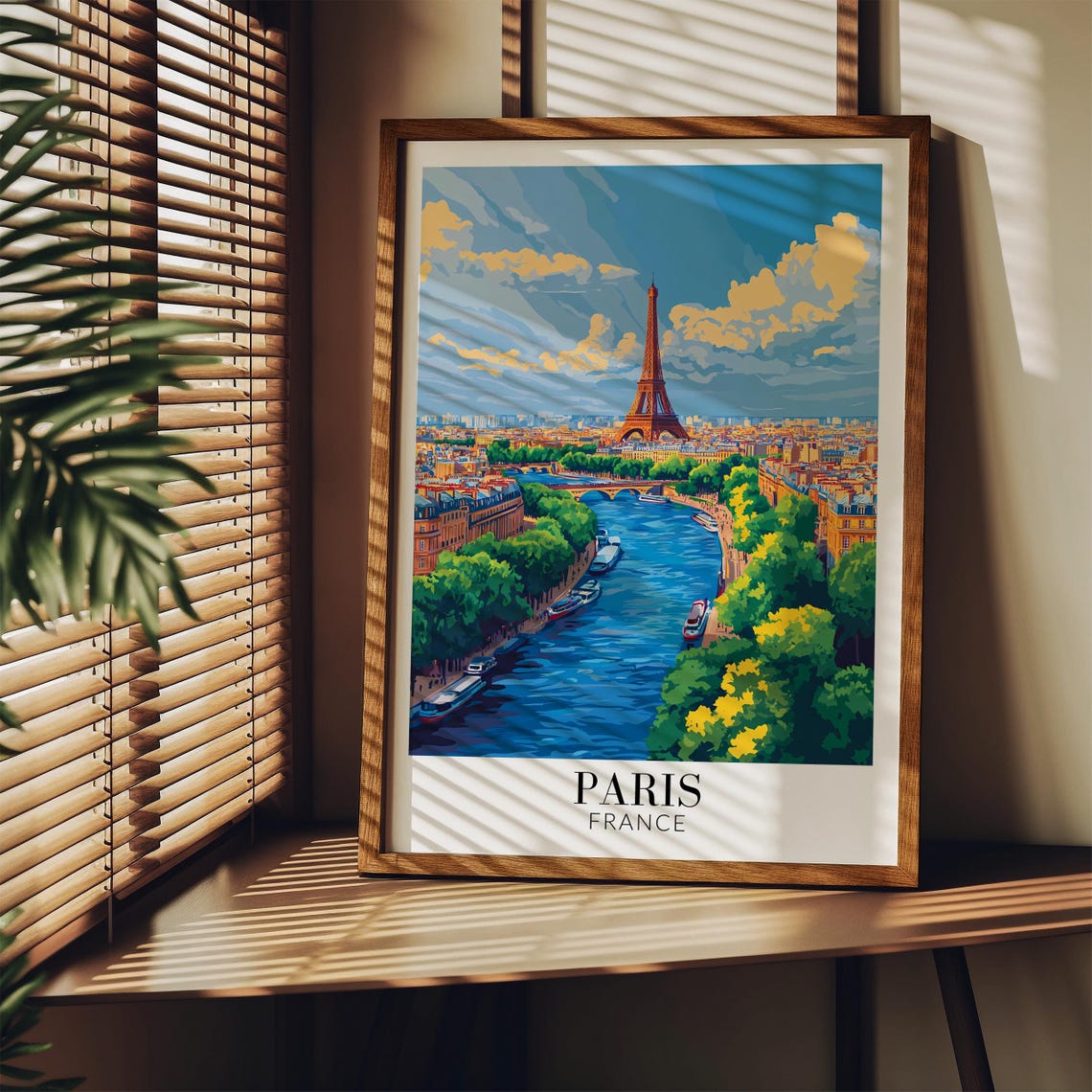 Paris Eiffel Tower Seine Bold Blue Daytime Clouds Travel Poster - Image 3