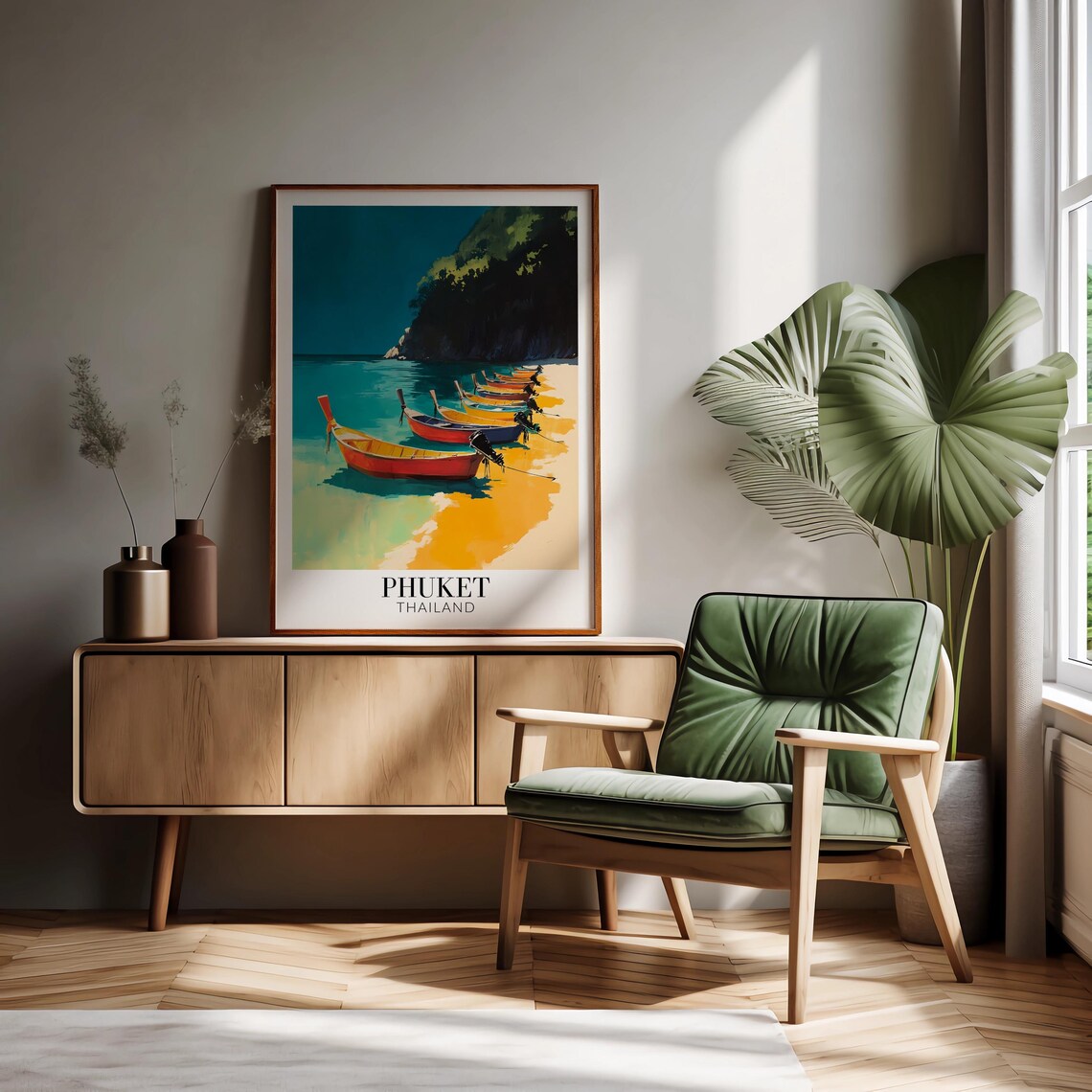 Phuket Thailand Longtail Boats Turquoise Beach Vibrant Travel Poster - Image 2