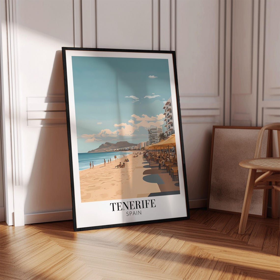 Tenerife Spain Tranquil Beach Promenade Poster With Golden Umbrellas - Image 3