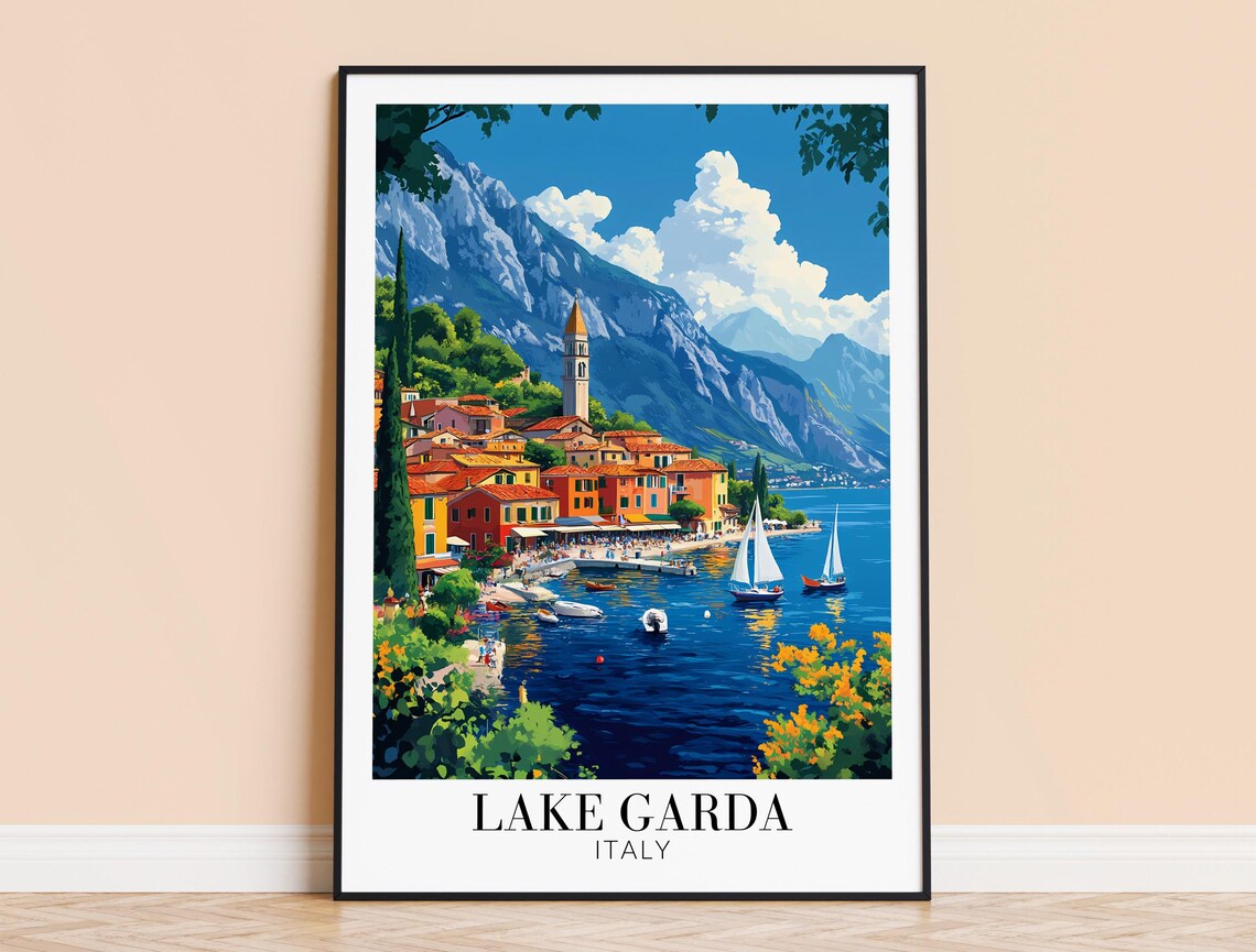 Lake Garda Italy Sailboats Village Church Spire Calm Water Poster
