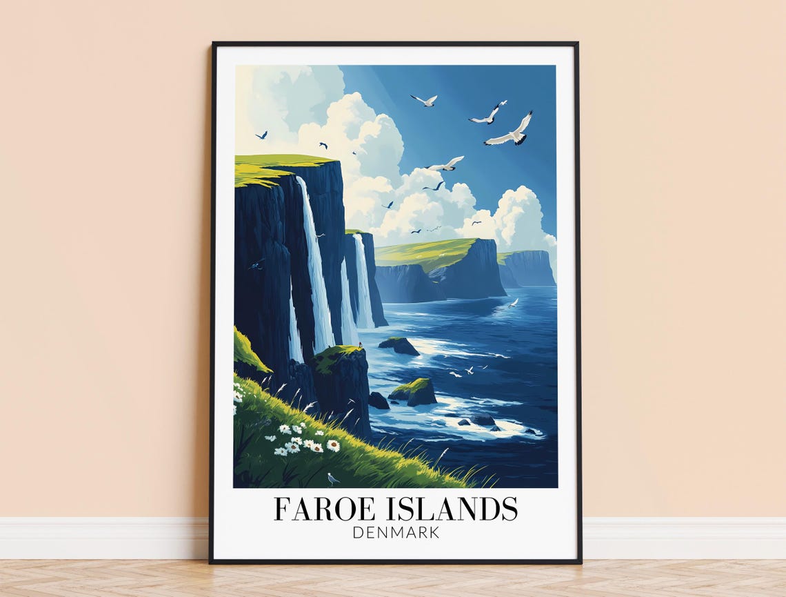 Faroe Islands Denmark Sea Cliffs Waterfalls Seabirds Travel Poster