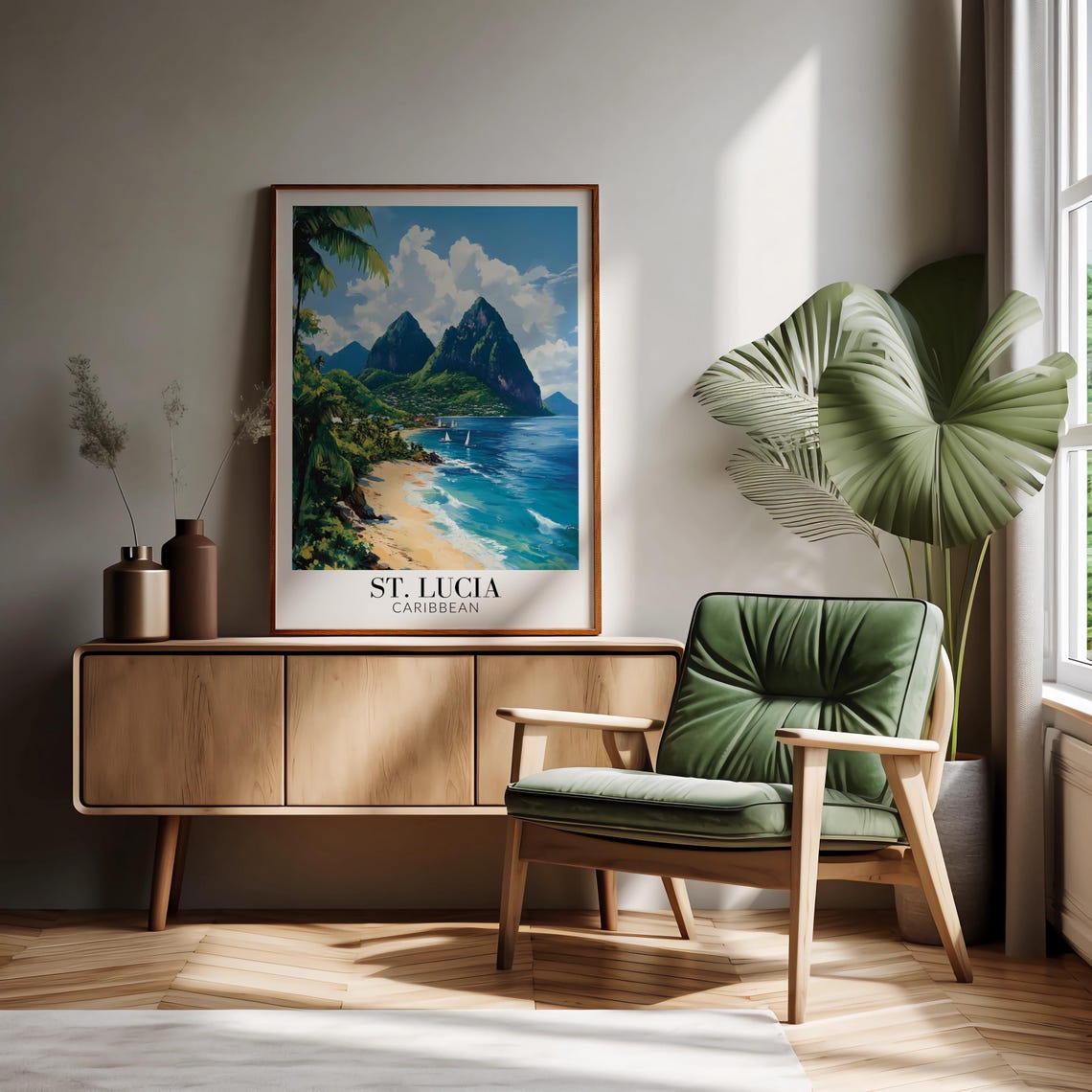 St Lucia Caribbean Twin Piton Peaks Palm Beach Travel Poster - Image 2