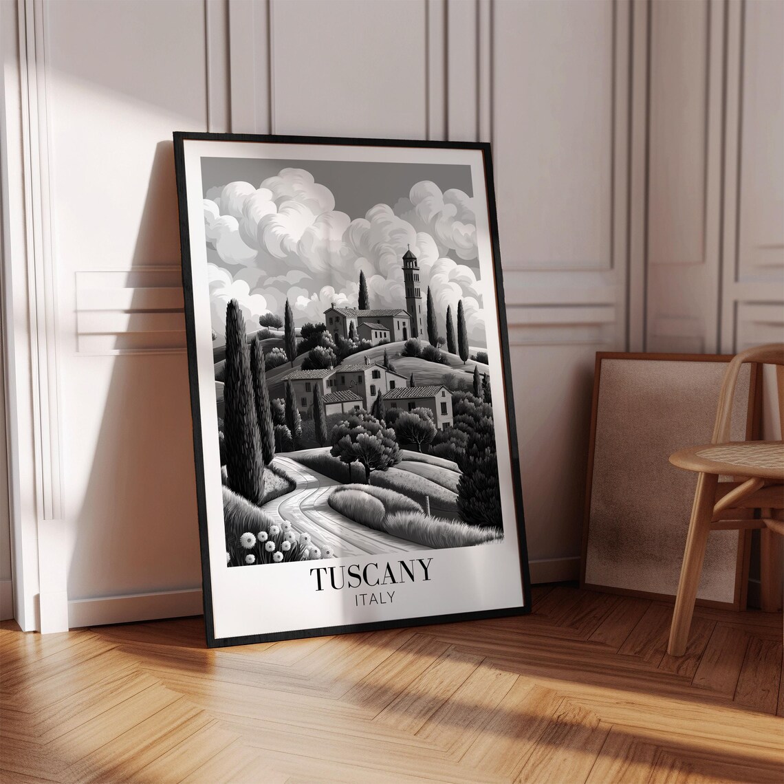 Tuscany Italy Cypress Hills Hilltop Village Monochrome Poster - Image 4