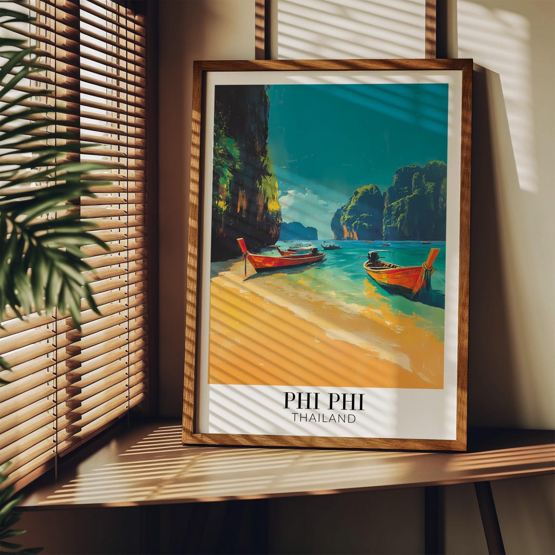 Phi Phi Thailand Longtail Boats Golden Beach Dramatic Cliffs Poster - Image 3