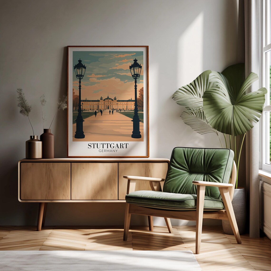 Stuttgart Palace Gardens Lamp Lit Avenue Vintage Travel Poster - Image 3