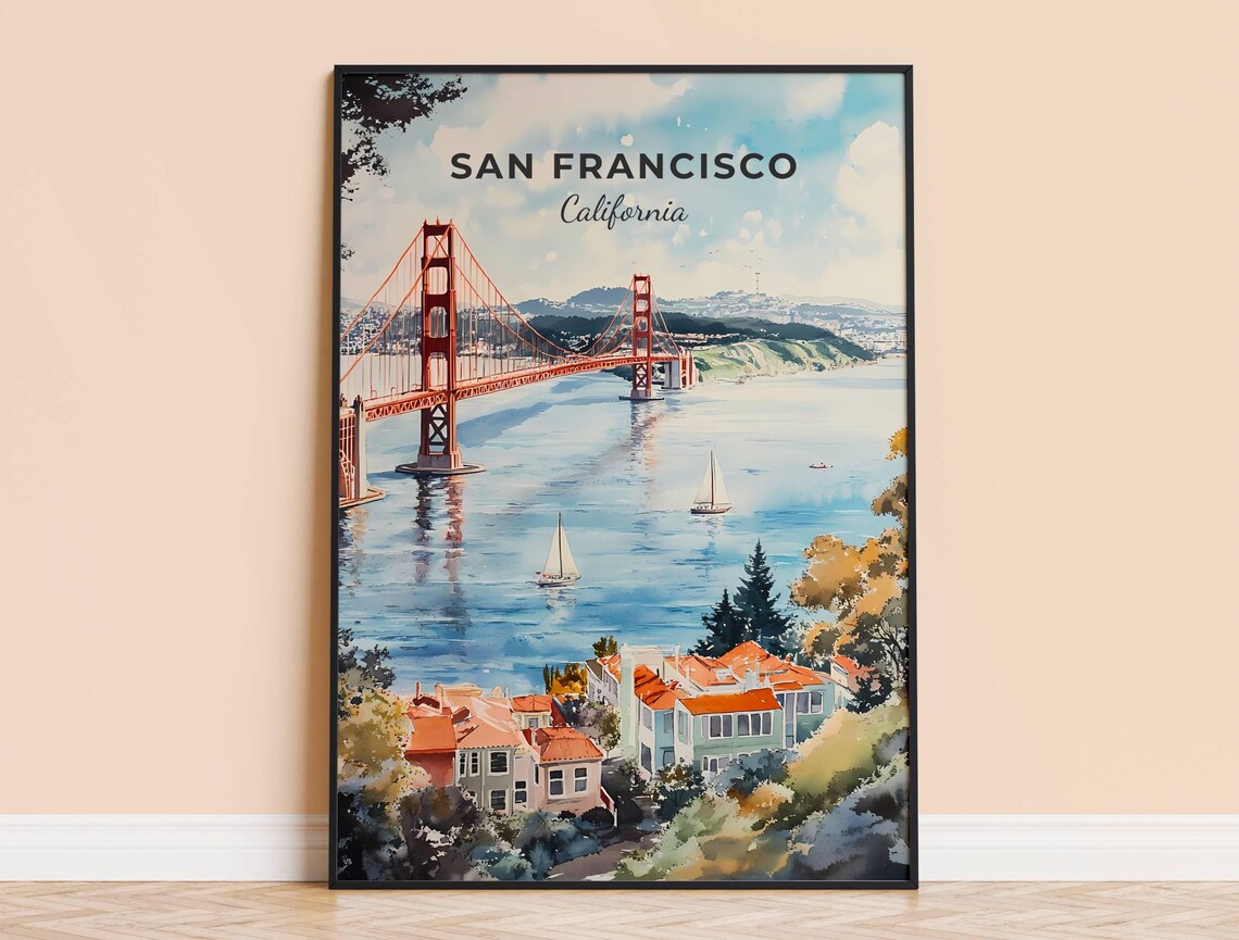 San Francisco California Golden Gate Watercolor City Scene Poster
