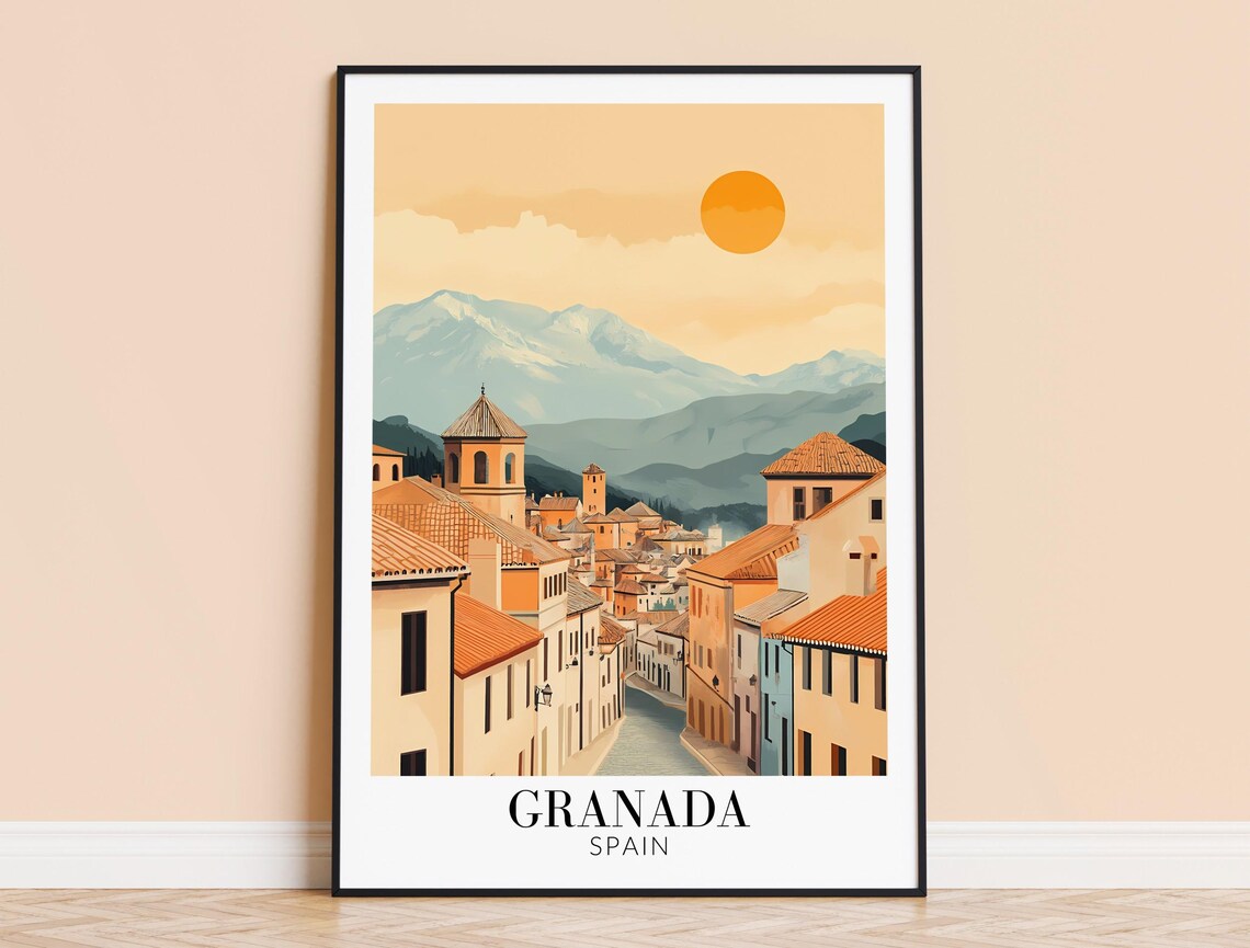 Granada Spain Old Town Street Mountain Backdrop Travel Poster