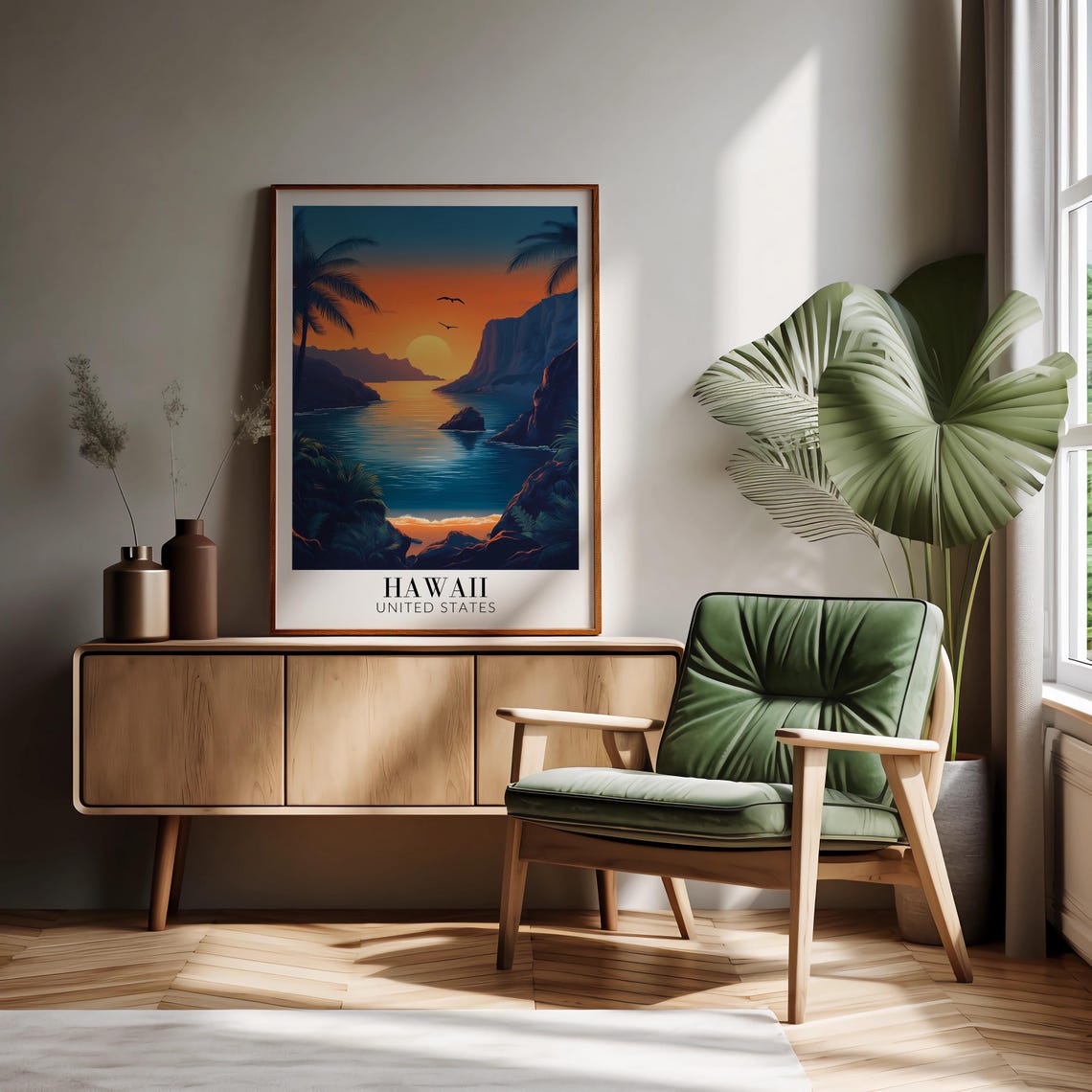 Hawaii Sunset Cove Poster with Palm Trees Cliffs and Sea Birds - Image 3