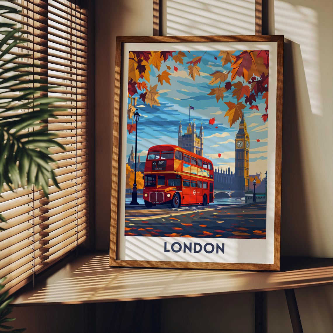 London Red Double Decker Bus Big Ben Autumn Leaves Street Poster - Image 2