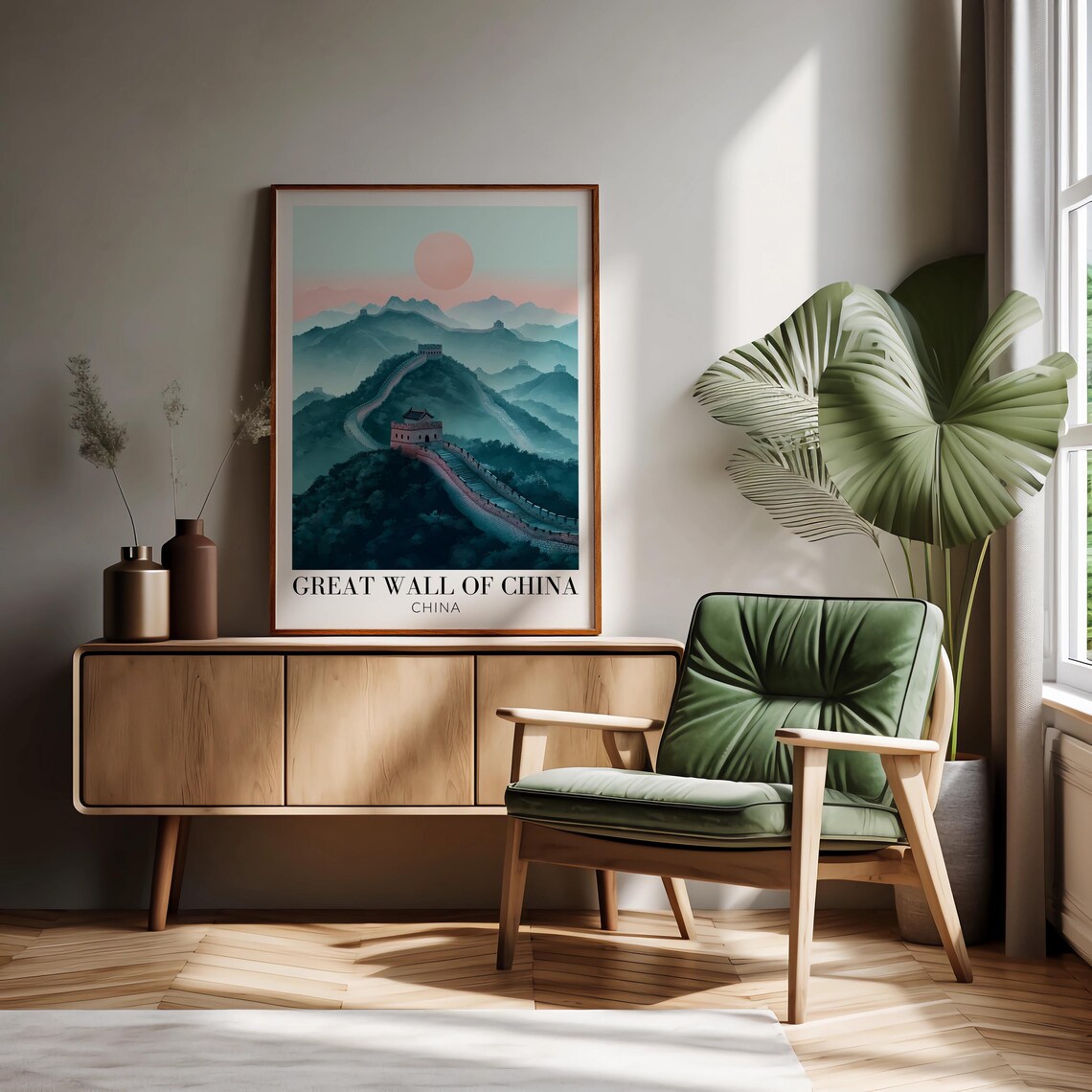 Great Wall of China Misty Teal Mountains Pink Sun Travel Poster - Image 2