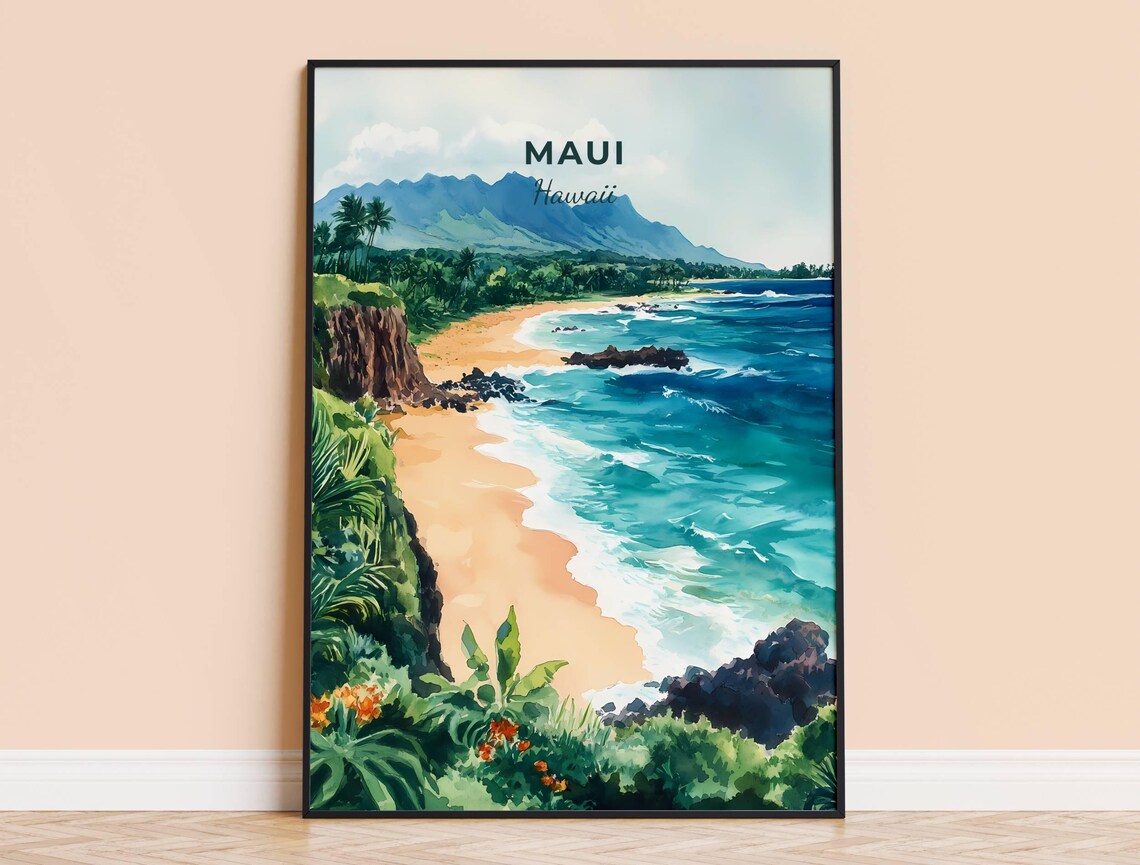 Maui Hawaii Watercolor Tropical Beach Island Sunset Travel Poster