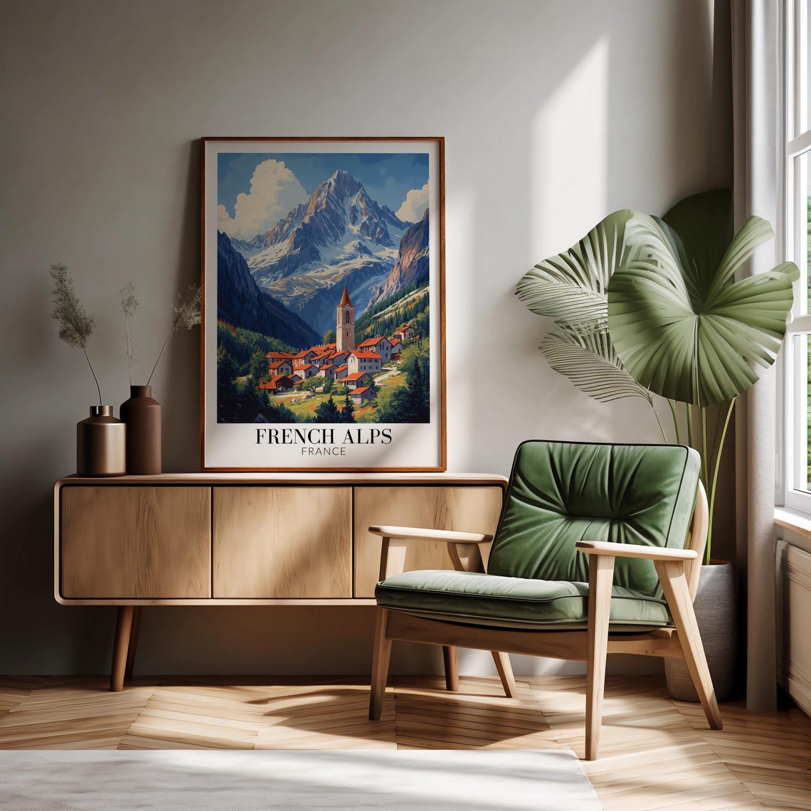 French Alps Village with Church Steeple Beneath Snowy Peak Poster - Image 2