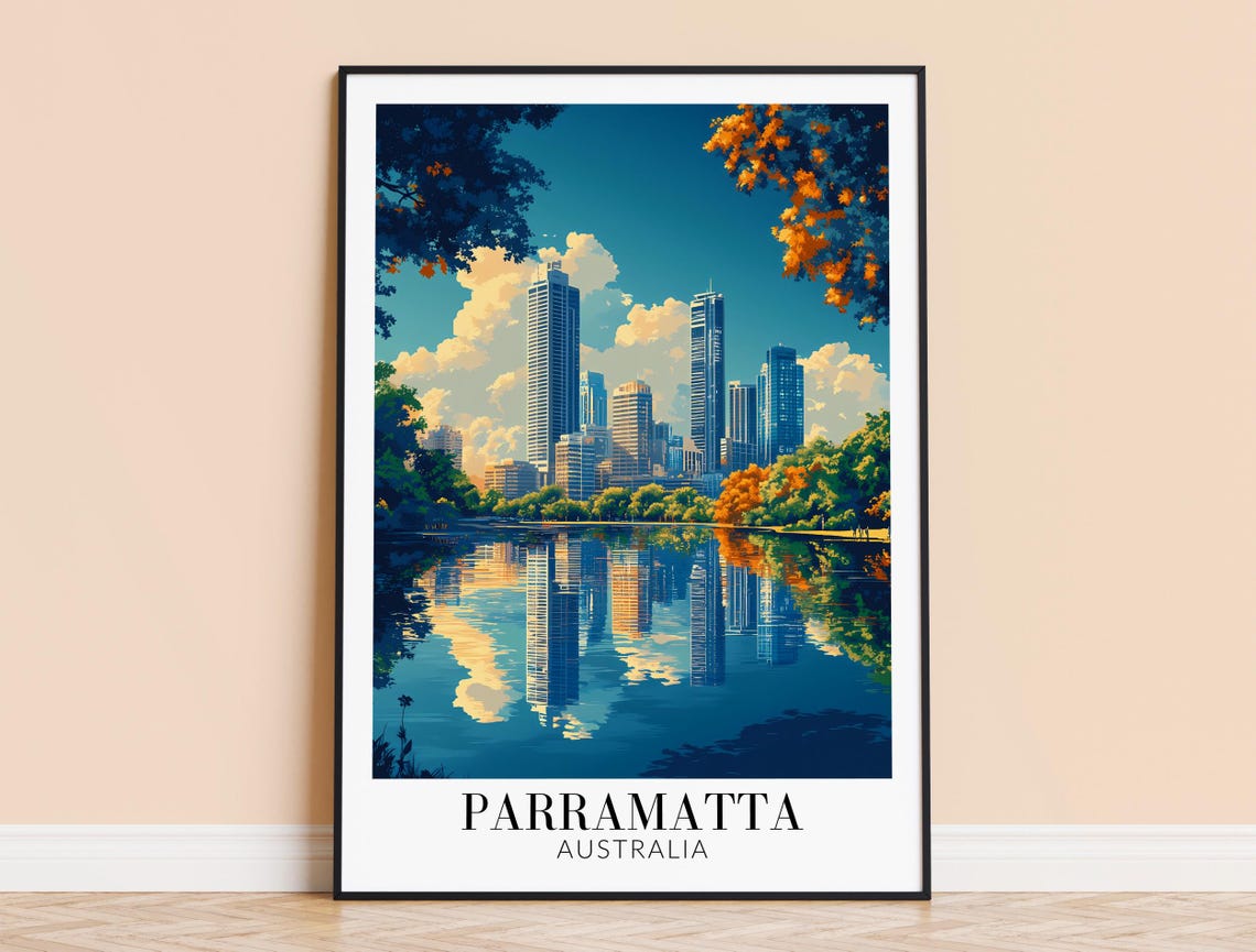 Parramatta Australia Skyline River Reflection City Travel Poster