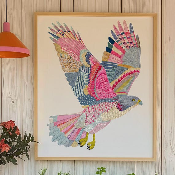 Bird Wall Art Whimsical Colorful Hawk Illustration Poster In Multiple Sizes