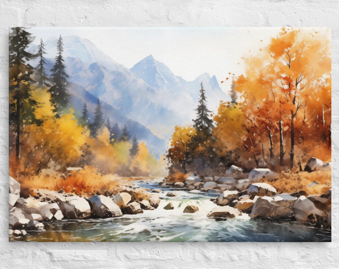 Fall Mountain Watercolor Print Autumn Stream Rapids Blue Peaks Poster