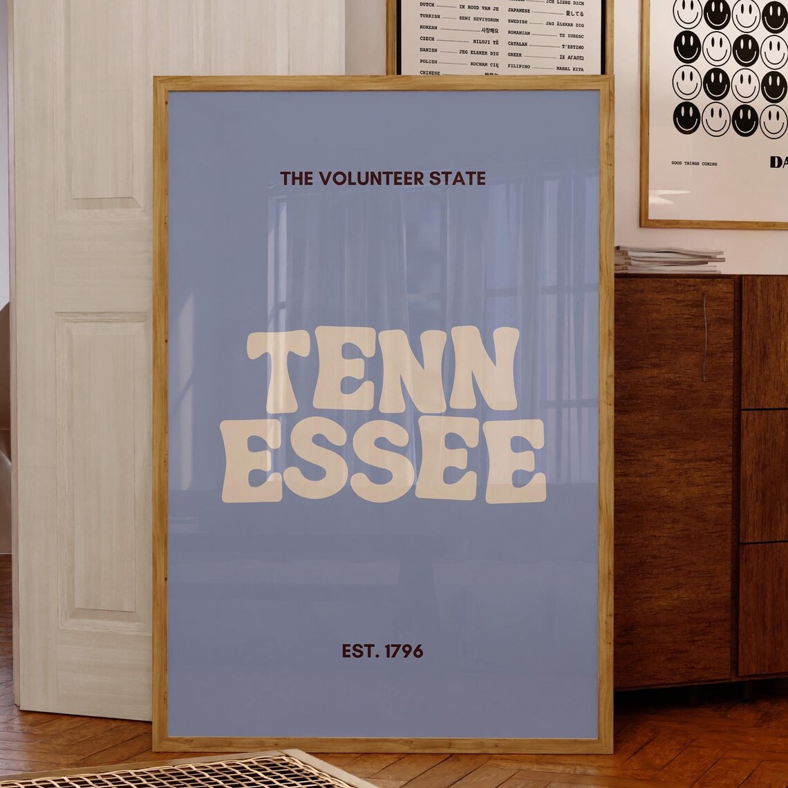Tennessee The Volunteer State Retro Typography Est 1796 Blue Wall Poster