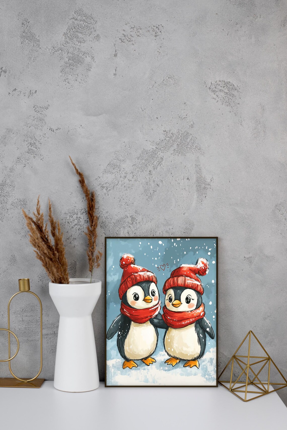 Penguin Couple in Red Winter Hats and Scarves Snowfall Poster - Image 3
