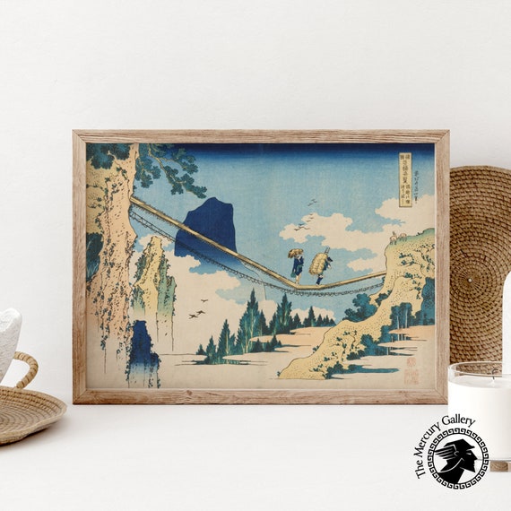 Hokusai Print Japan Wall Art The Suspension Bridge On The Border Of Hida And Etch Provinces Japanese Posters Vintage Print