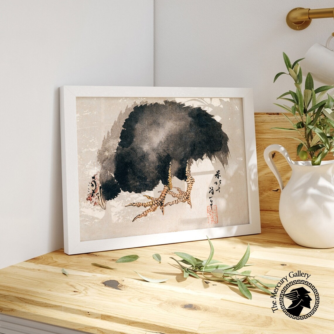Hokusai Black Chicken Drinking Ink Wash Vintage Japanese Animal Print - Image 5