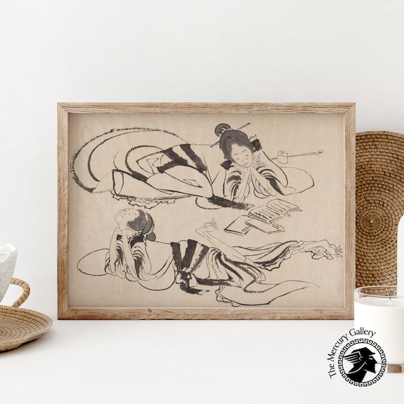 Japanese Ink Sketch Two Reclining Women Vintage Ukiyo E Style Art Print