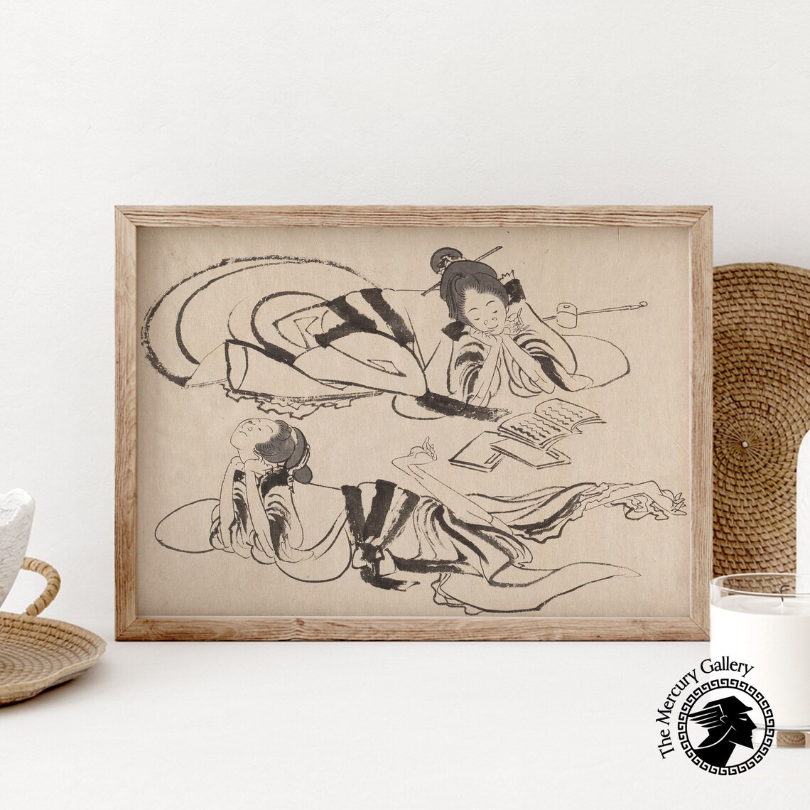 Japanese Ink Sketch Two Reclining Women Vintage Ukiyo E Style Art Print