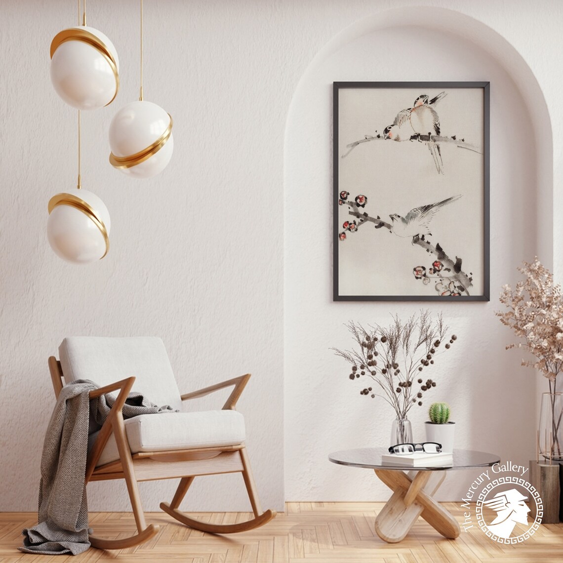 Japanese Ink Birds Perched On Blossoming Branch Delicate Watercolor Print - Image 6