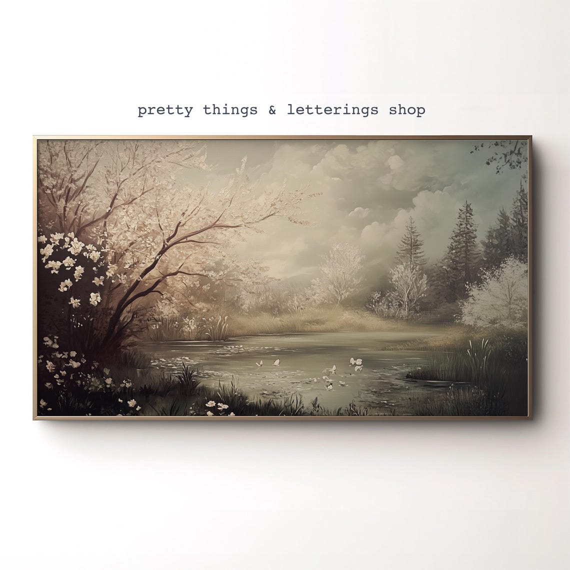 Spring Forest Pond White Blossoms Ducks Misty Lake Art Poster