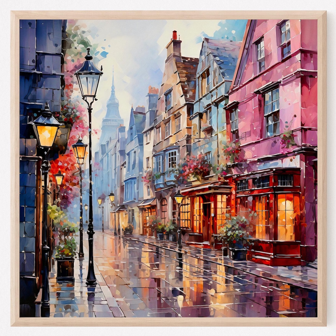 London Old Town Rainy Street Watercolor Painting Lamppost Travel Poster